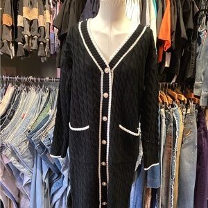 Coco Chanel style cable long Black V-Neck Button-Up long Sweater dress
